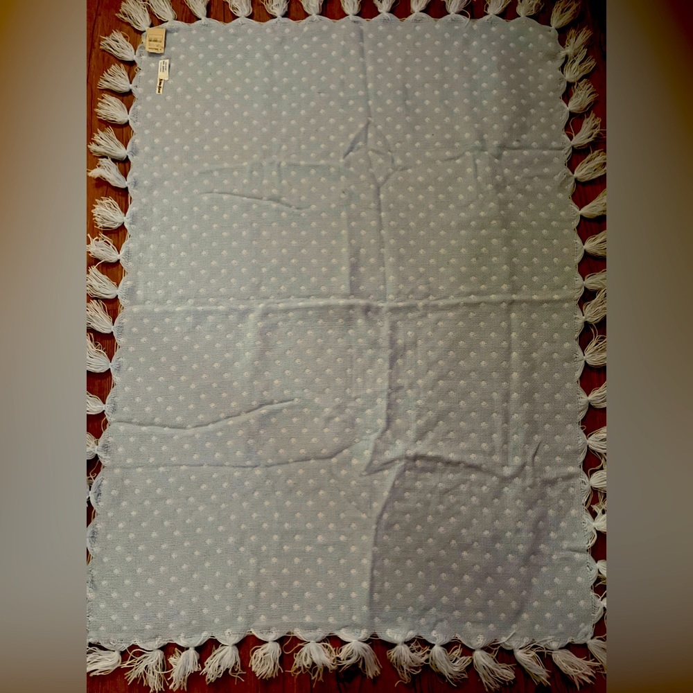 Vintage Neiman Marcus, NWT Blue & White baby blanket. Polk a dot. Made In Italy.